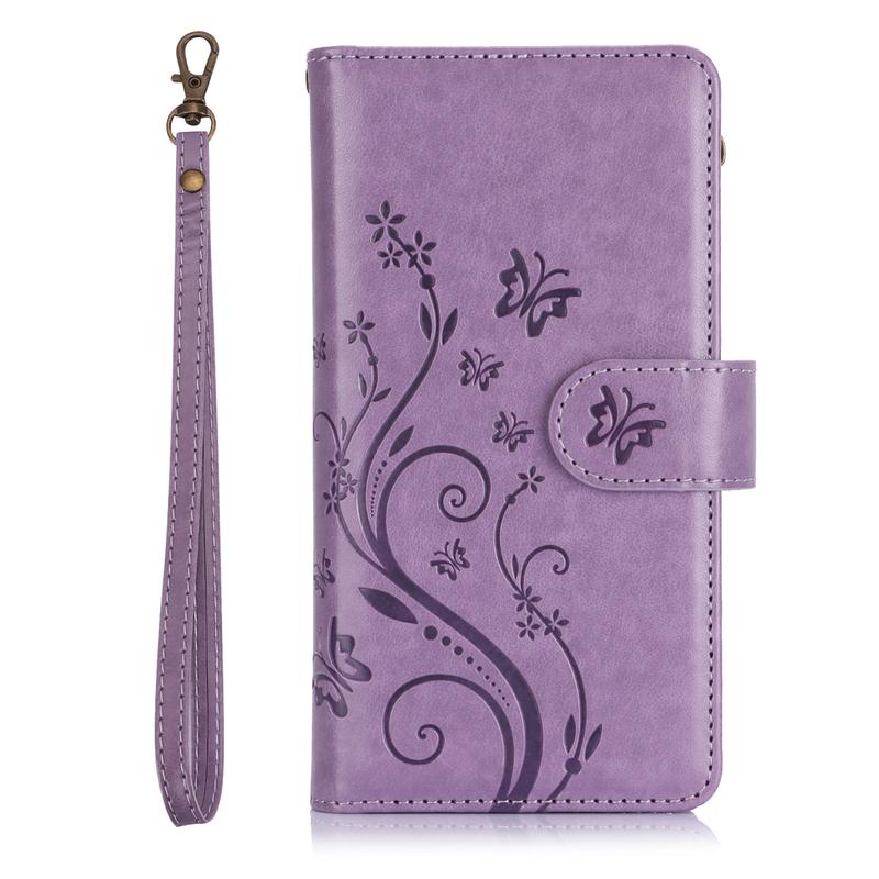 HISTORYOO For iPhone 17 Pro Max Air 17 16 15 14 Plus 13 12 Pro Phone Case Lanyard Cute Floral Embossed Butterfly Wallet Wrist Strap 6 Card Slots Standing Function Zipper Pocket Soft PU Leather Flip Fold Stand Magnetic Closure Protective Cover Women Girls