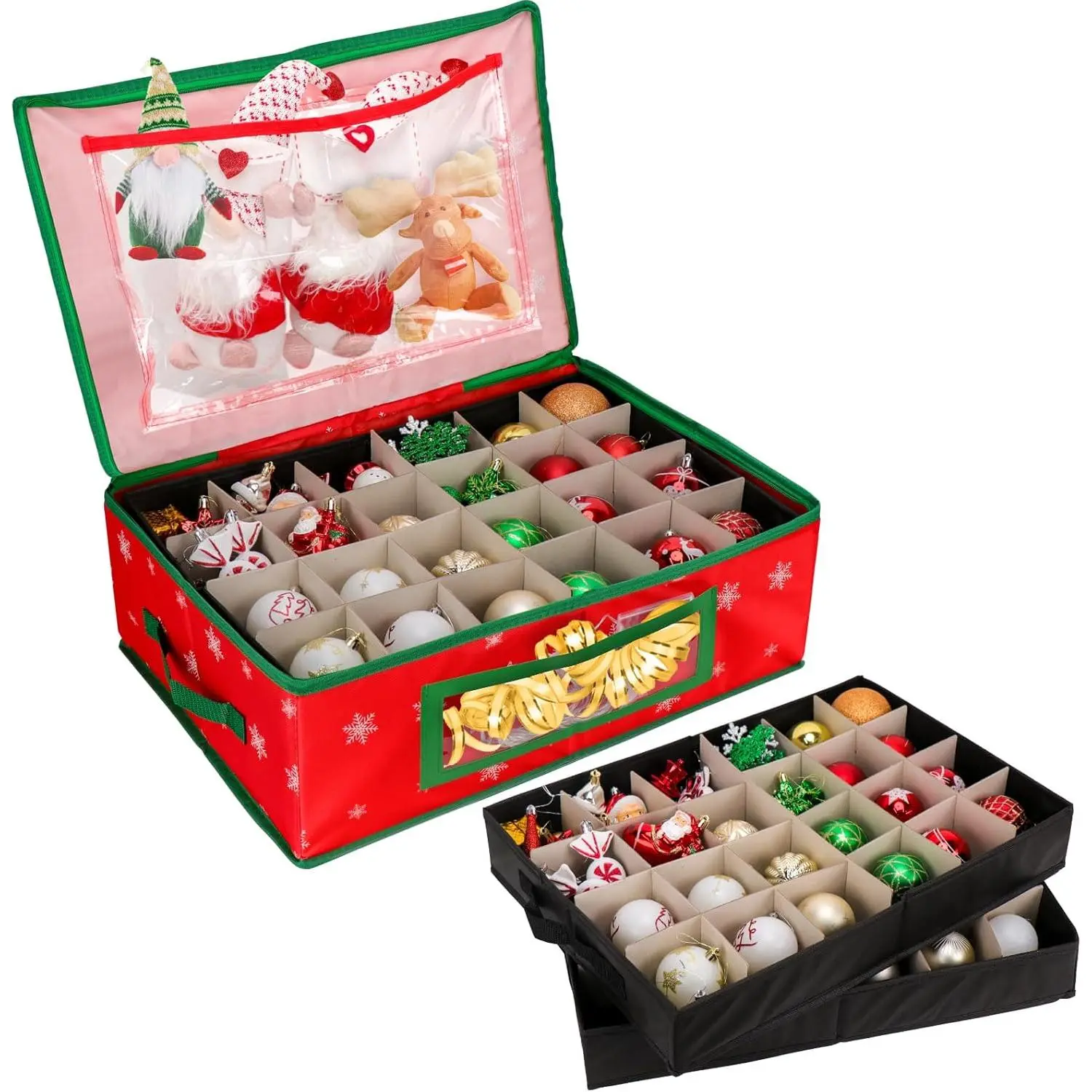 Ornament Storage Box, Underbed Christmas Ornament Storage Container with Dividers, 2 Removable Trays for 48-3" Ornaments, Christmas Storage Containers with Handles for Holiday Decorations