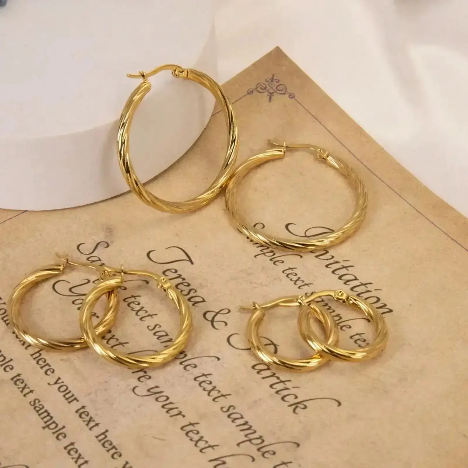 3 Pairs Minimalist 18K Gold Plated Stainless Steel, Twisted Hoop Earrings, For Women, Non-Braided Solid Metal Wire, Hypoallergenic Tarnish Free, Sleek Daily Earring Stack Jewelry, Assorted Sizes, Perfect Holiday Festival Gift