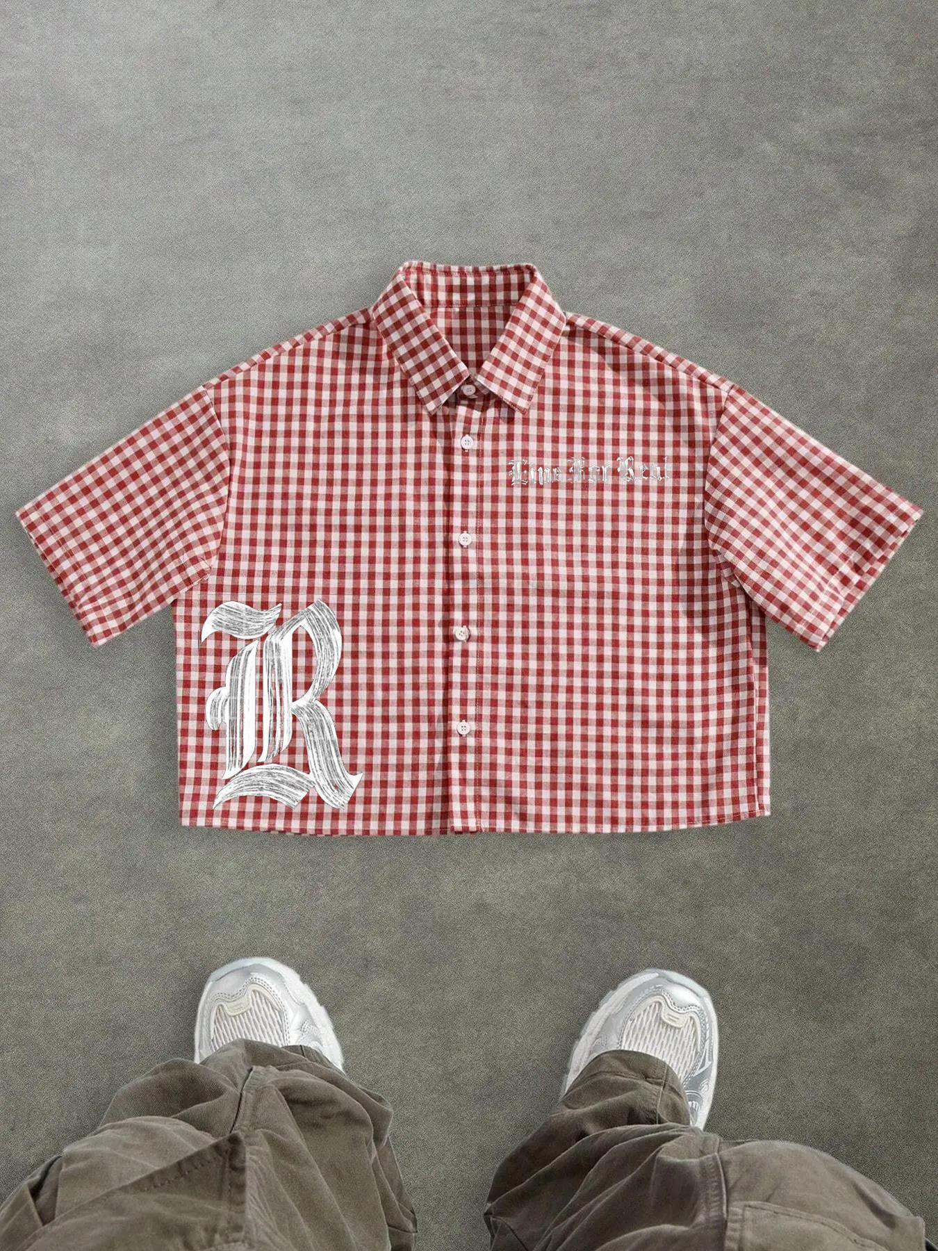Unisex's Casual Fashion Gingham Street Checkered Graffiti Gothic Print Box-Fit Cropped Button-Up Shirt Men's Cropped Tops