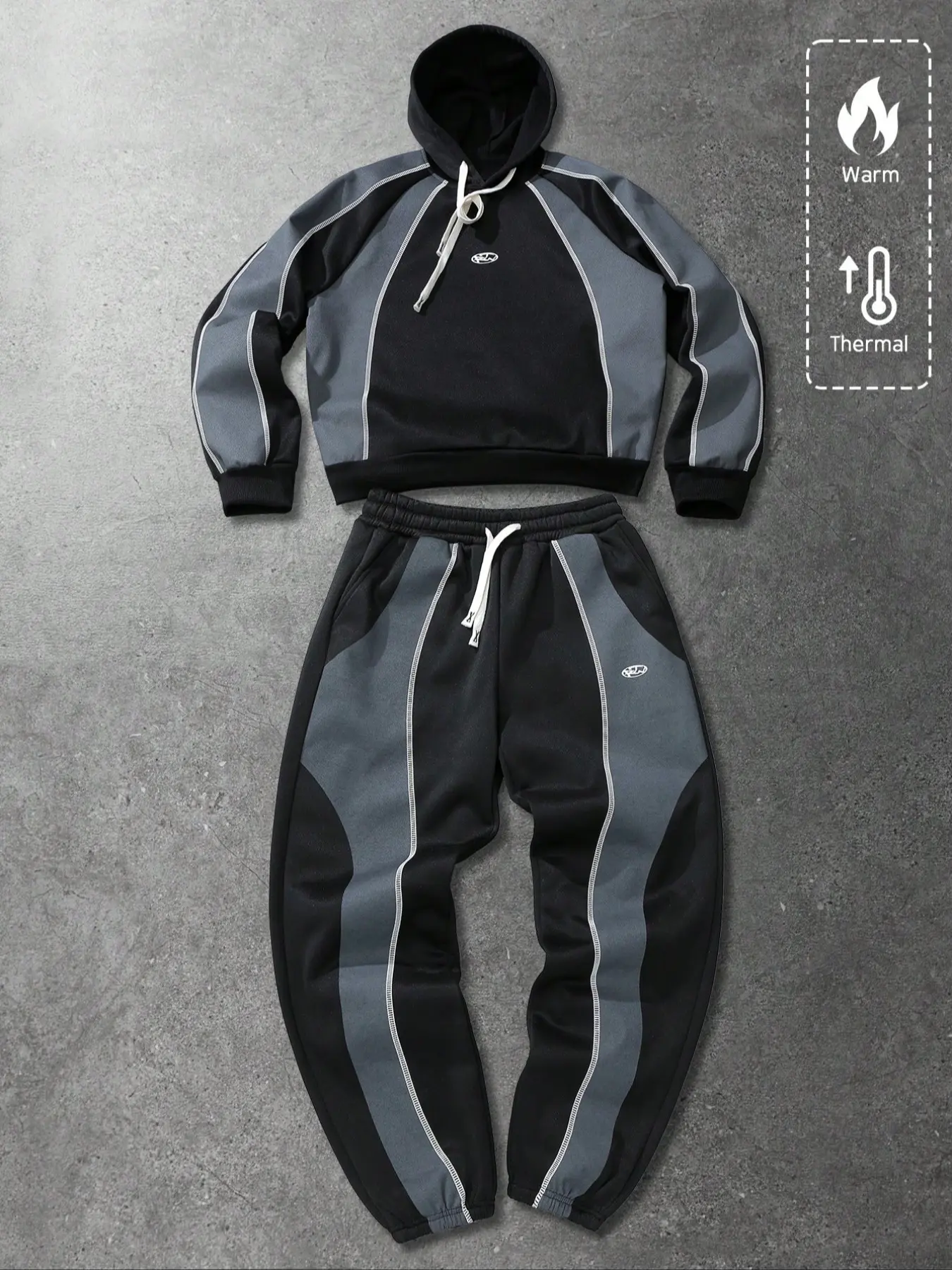 Oversized Color Block 2-Piece Tracksuit | Black & Gray Patchwork Hoodie + Jogger Pants | Contrast Stitching & Drawstring Design | Gen Z Streetwear Outfit for Winter Casual & Daily Errands Active Tracksuit Set Casual Sportswear Set