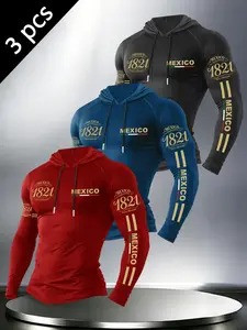 Men's 3-Piece Knit Eagle Flag Letter Print Hooded Long Sleeve T-Shirt Set, Spring & Fall Outdoor Casual, Fitted Pullover