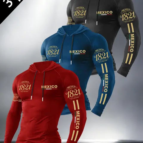 Men's 3-Piece Knit Eagle Flag Letter Print Hooded Long Sleeve T-Shirt Set, Spring & Fall Outdoor Casual, Fitted Pullover, Activewear, Athletic, Outdoor Sports Activewear, Sporty Casual Wear