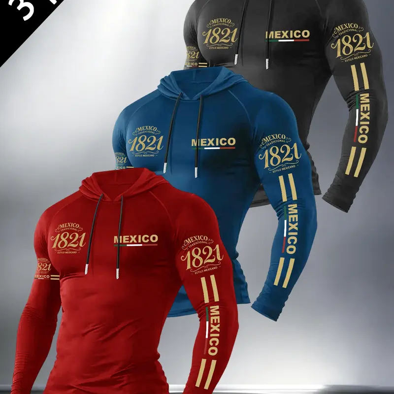 Men's 3-Piece Knit Eagle Flag Letter Print Hooded Long Sleeve T-Shirt Set, Spring & Fall Outdoor Casual, Fitted Pullover, Activewear, Athletic, Outdoor Sports Activewear, Sporty Casual Wear