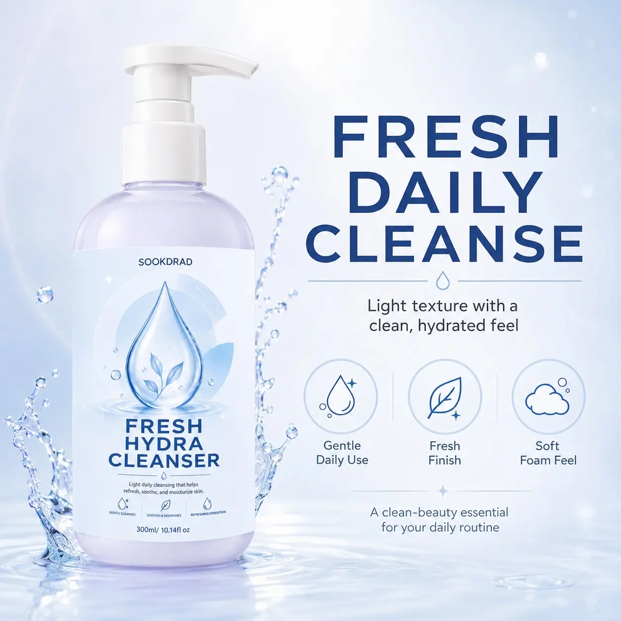 Fresh Hydra Cleanser, light daily cleansing, gently cleanses, soothes and nourishes, refreshing hydration, for skin, 300ml/10.14fl oz