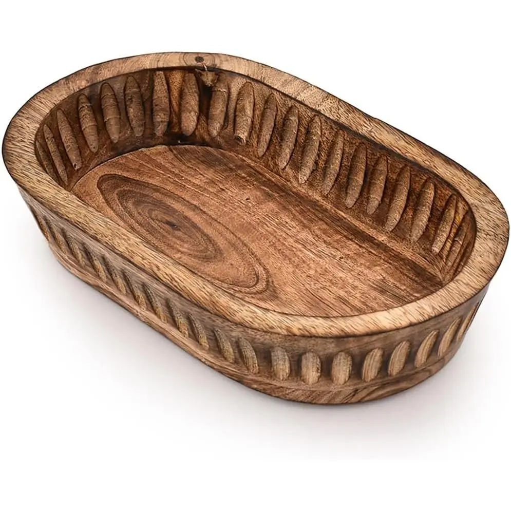 Decorative Mango Wood Bowl - Hand Carved Vertical Stripes Unique Centerpiece for Home Decor, Bathroom, Kitchen Counter, Size 10" x 6" x 2"