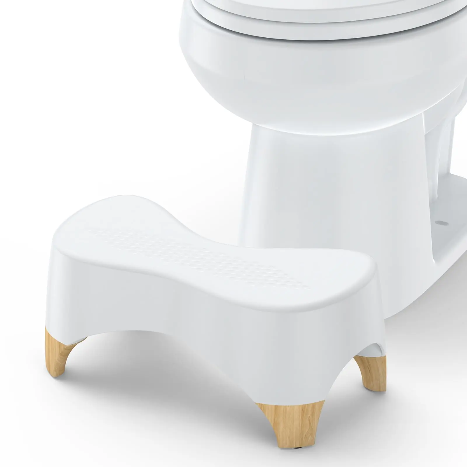 7" Bamboo Toilet Stool with Non-Slip Mat, Ergonomic Curved Form Bathroom Assistance Aid for Adults, Comfortable Squatting Support