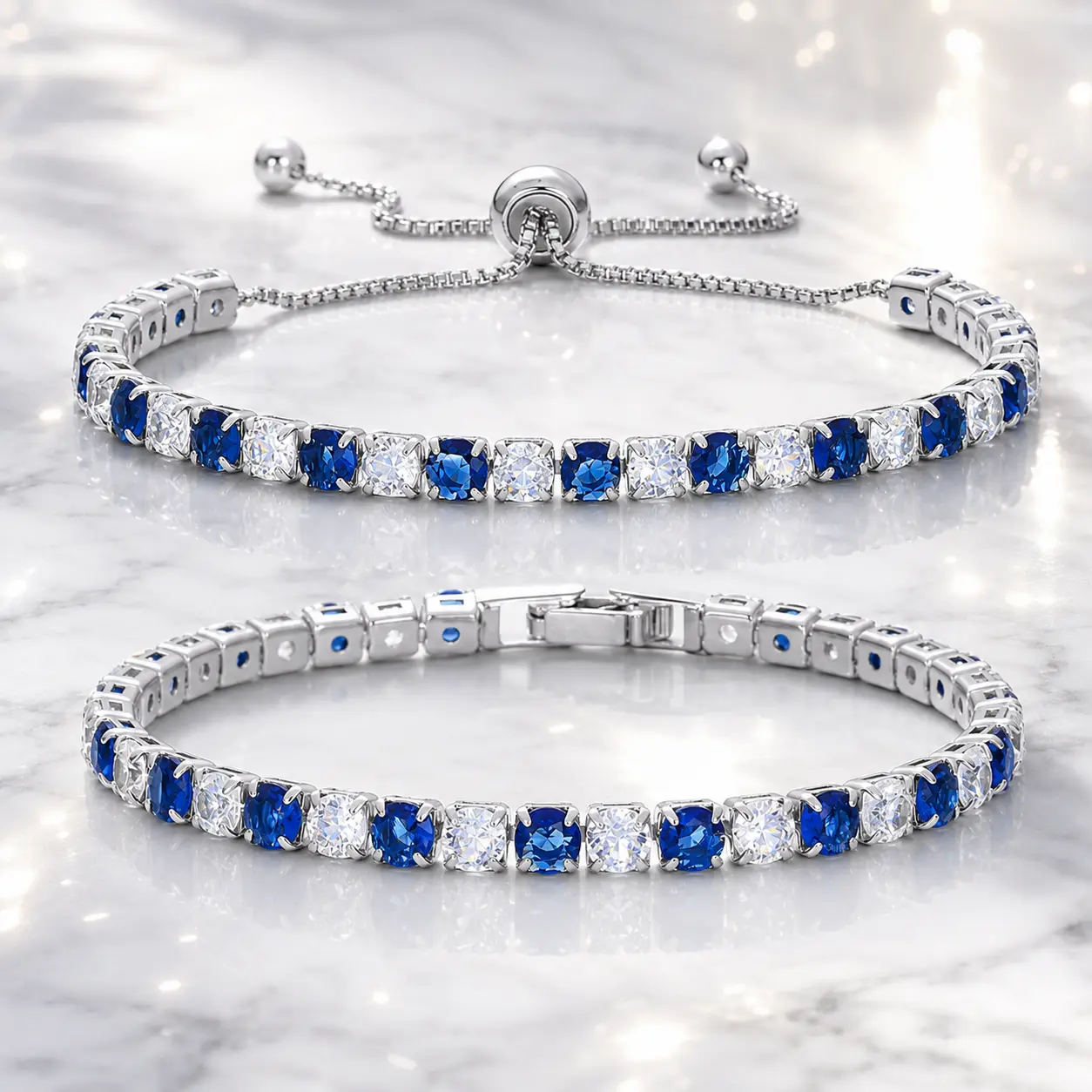 14K Gold/White Gold Plated Cubic Zirconia Tennis Bracelet, 2Pcs Fashion Shiny Rectangle Dainty Crystal Beaded Adjustable Slider Bracelets Set | Stackable Bracelets for Women Jewelry Holiday Gift