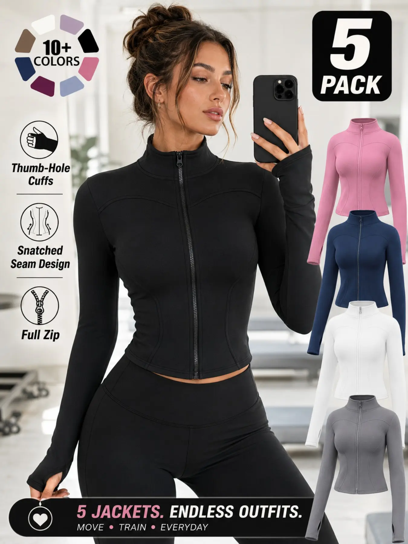 Women's Long Sleeve Sports Jacket, Slim High-Stretch Zip-Up Yoga Fitness Top with Mock Neck and Thumb Holes, Waist-Hugging Training Coat for All Seasons, Sizes S-3XL Available, Zippered Sports Jacket