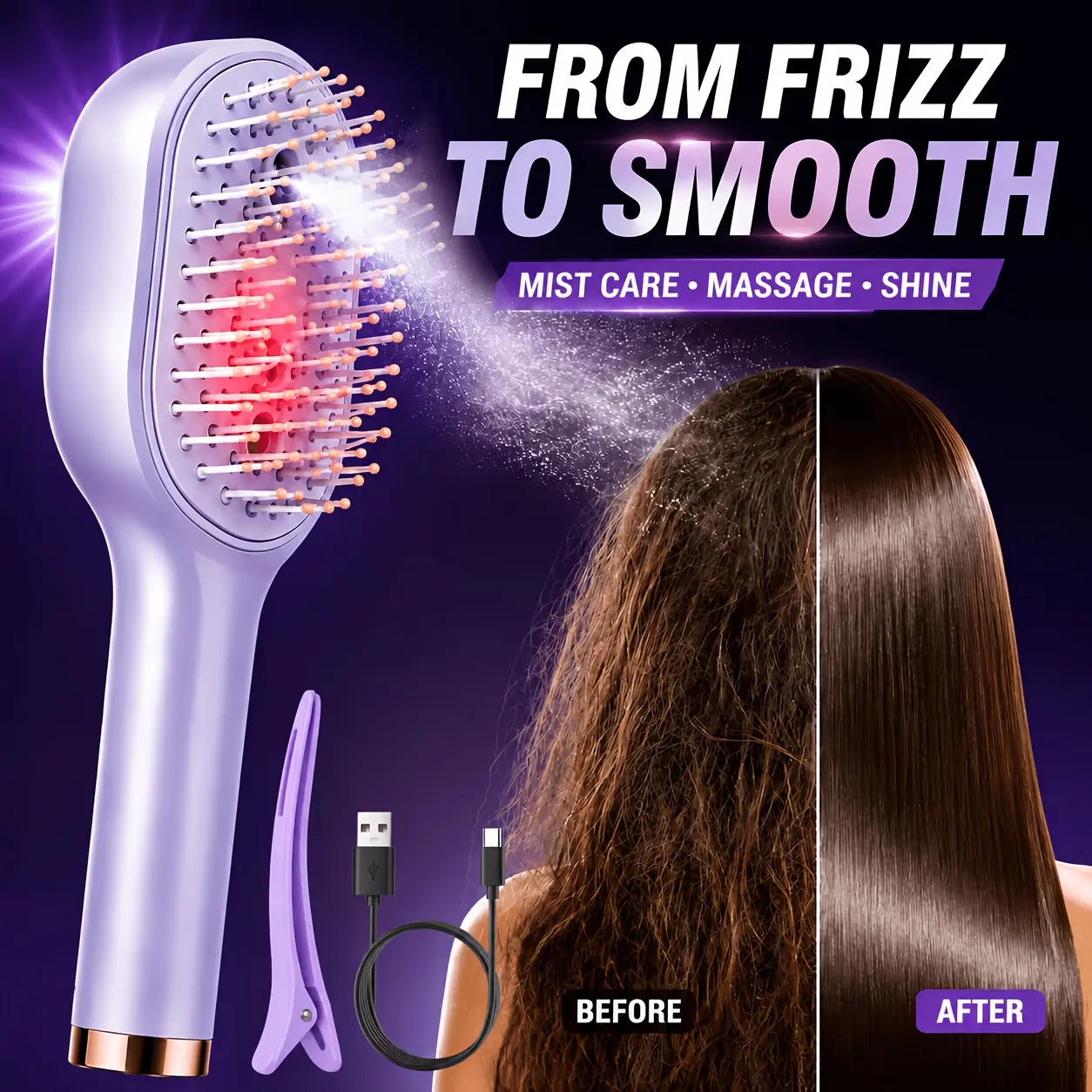 3pcs Portable USB Rechargeable Electric Scalp Massager Comb with Retractable Stainless Steel Teeth & Mist, Air-Cushion Detangling Brush for All Hair Types, Travel-Friendly Hair Care Device, Holiday Gifts, Retractable Teeth