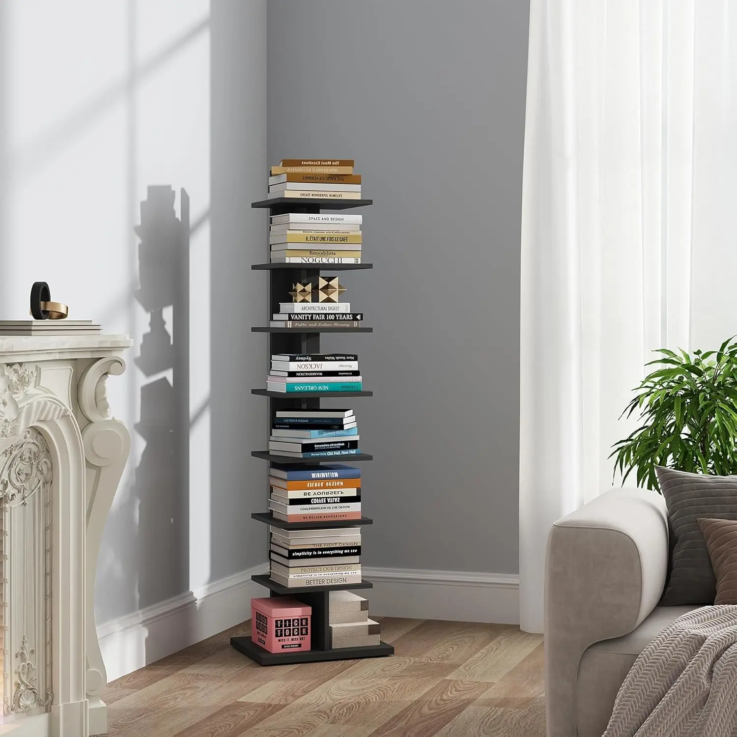 Black 8-Tier Narrow Corner Bookshelf, Space-Saving Spine Bookcase for Small Spaces, Standing Storage Organizer for Living Room, Office (Model BS06BK008)