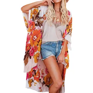 Women's Chiffon Kimono Cardigans Lightweight Batwing Summer Casual Long Boho Sheer Cardigan for Women Coverup Tops(Gift)