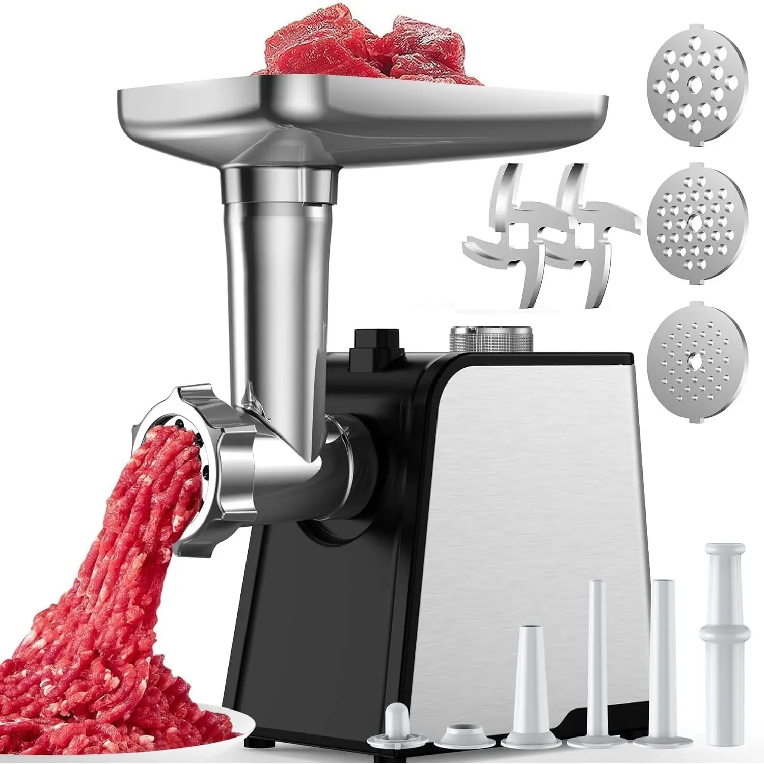 3200W Max Electric Meat Grinder & Sausage Stuffer - Mincer Machine with 2 Blades 3 Plates 3 Tubes & Kubbe Kit for Home Kitchen Use (Black)
