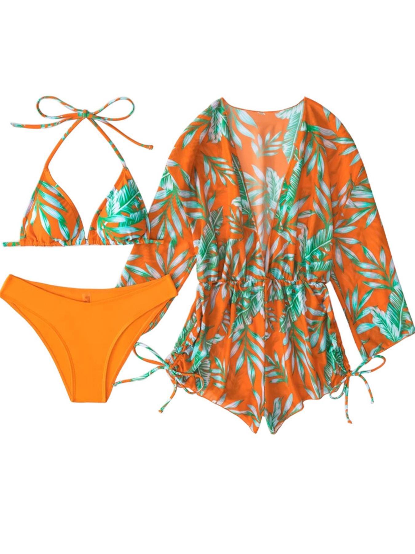 Breezy Lane Women's 3-Piece Leaf Print Swimsuit Set - Swim Bra, Swim Bottom, Long Sleeve Cover-Up Romper with Shorts, Beach Holiday Vacation Swimwear Including Swimsuit Fabric, Includes Cover-Up Romper