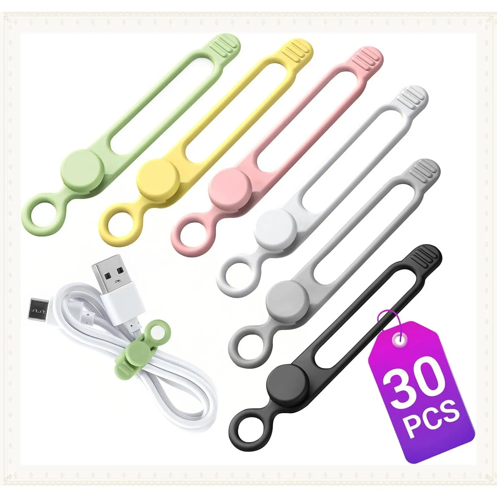 30 Pcs Reusable Silicone Cable Ties - High Elastic Multipurpose Cable Organizer for Charging Cords, Electronics, Computers, Appliances & Travel EssentialsGift