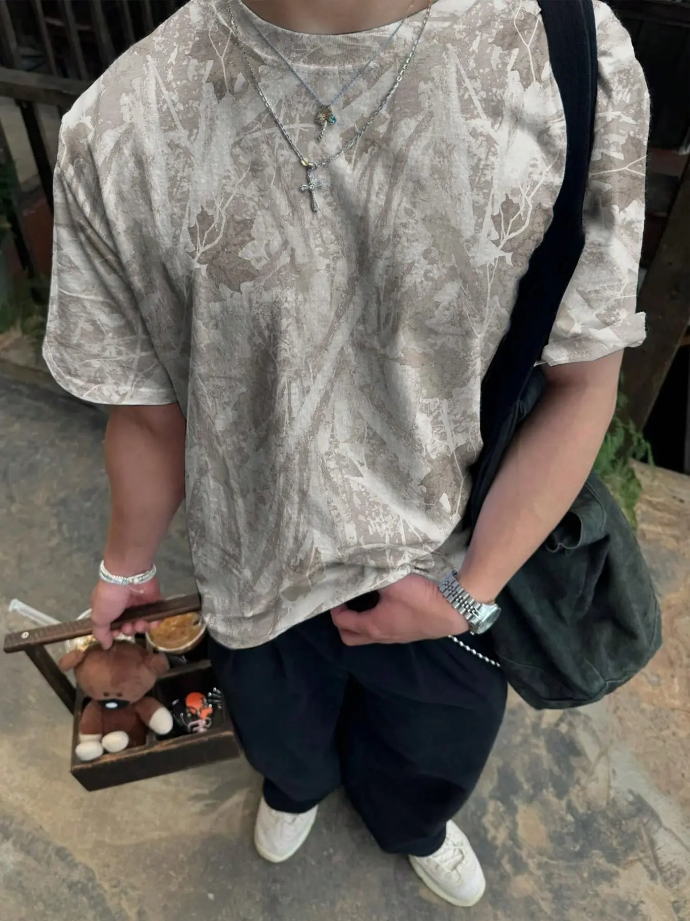 Men's American Vintage Leaf Camo Short Sleeve, Streetwear Camouflage Casual Top, Loose Fit, Outdoor & Daily Commute, Trendy Fashion Men's Clothing