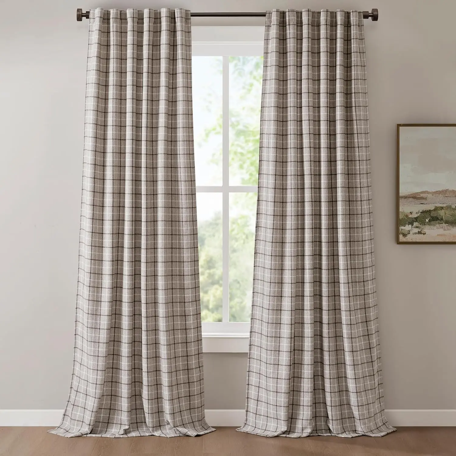 Brown Plaid Thermal Insulated Window Curtain with Fleece Lining, 50x95, 1 Panel - Room Darkening Tartan Gingham Drape for Living Room Bedroom, Rod Pocket & Back TabGift