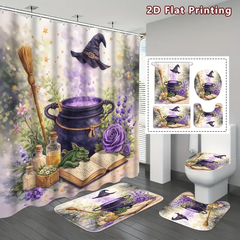 4-Piece set of magic potion shower curtain set, magic witch theme bathroom decoration, including bath mat, U-shaped pad, toilet cover cover, 12 hooks, shower curtain, fantasy magic, home decoration, bathroom accessories