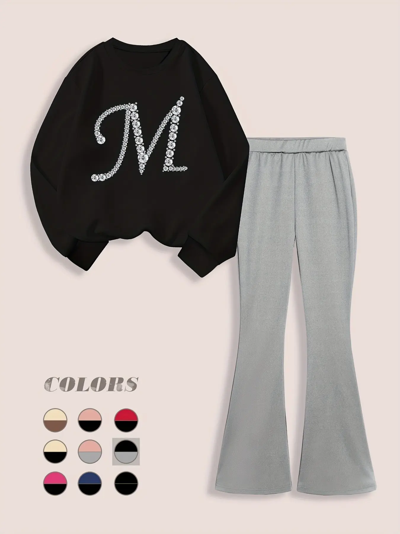 Bling Aesthetic Little Girl Matching Set Shiny Crystal M Rhinestone Sweatshirt High Waist Bell Bottom Pants Autumn Daily Outfit