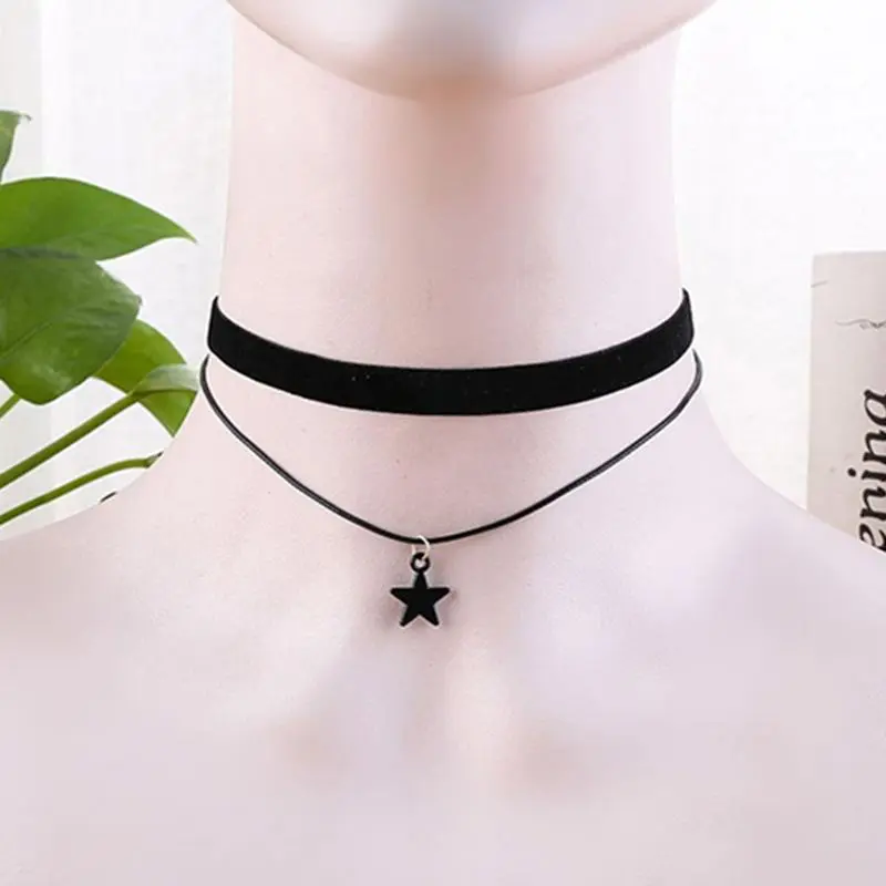 Goth Black Star Choker Lolita Layered Necklace Velvet Steampunk Tattoo Necklaces for Women Torques Jewelry Clavicle Chain Bijoux