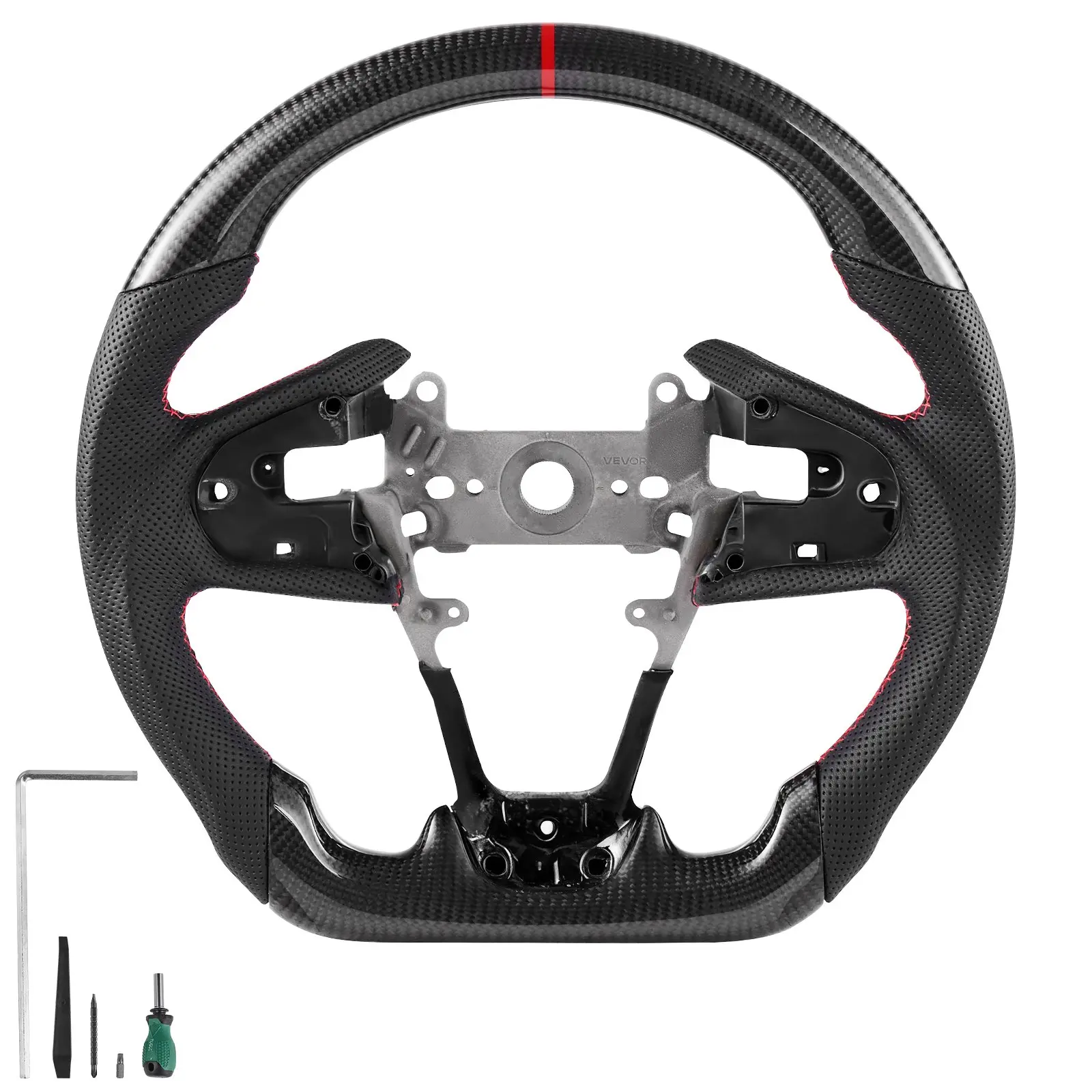 VEVOR Steering Wheel for 2016-2021 Honda Civic, Carbon Fiber Steering Wheel D-Shaped Flat-Bottom, Leather Grip with Non-Slip Texture & Precise Stitching, Accessories Replacement for Honda Civic, Blac