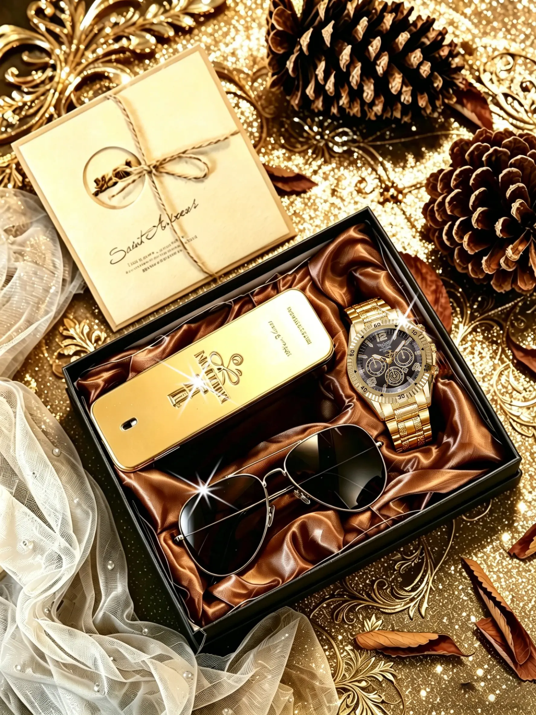 5pcs Luxury Men's Gift Set, Watch Sunglasses Greeting Card Combo, Perfect Gift for Him, All Occasions