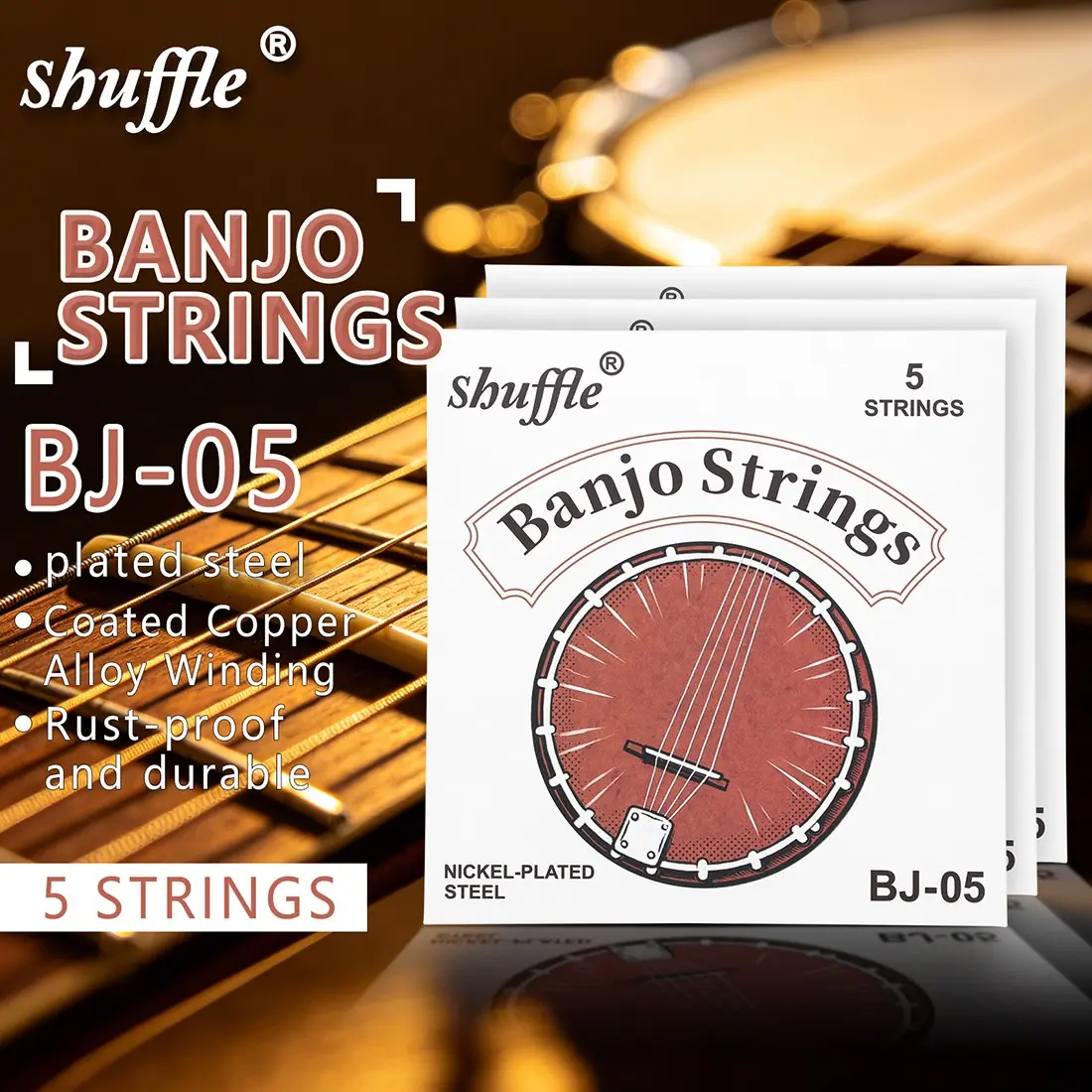 Shuffle Bj05 5-String Banjo Strings, Brass and Alloy Material, Durable and High-Quality Musical Accessories, Perfect for Musicians