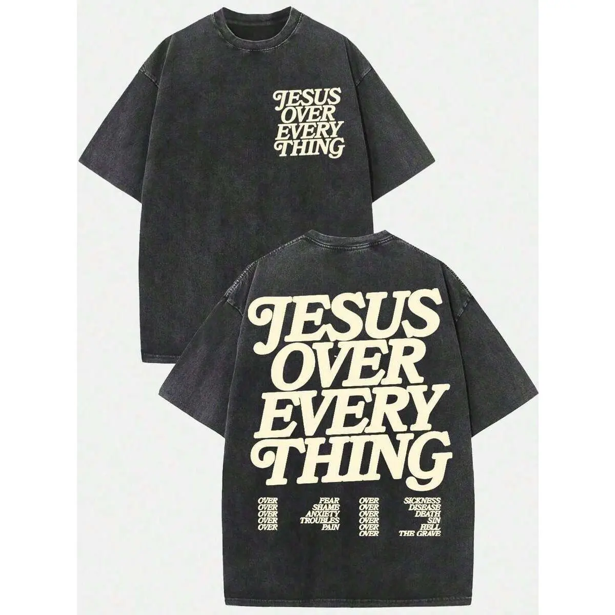 Oversized 230g Washed Cotton Religious Graphic T-Shirt, "Jesus Over Everything" Streetwear Crew Neck Short Sleeve Tshirt, Retro Soft Breathable Sports Top for Casual Wear, Machine Washable, Clothes