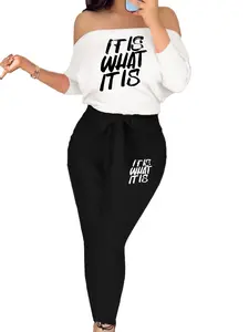 I8036-I20 New European Style Colorblock One Shoulder Tie Print Long Sleeve Pants Set, Casual Fitted Tee, All Seasons
