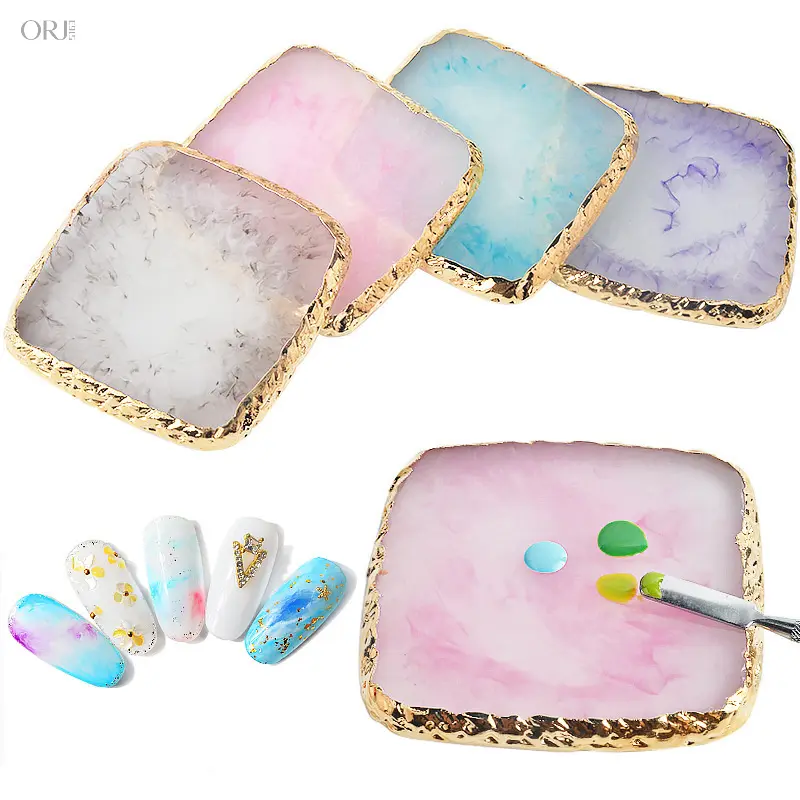 Resin Nail Art Palette With Gold Rim Agate Slice, Multi-Functional Pigment Mixing Tray, Manicure Color Display Swatch Board, Elegant Agate Stone Nail Drawing Mixing Tool For Salon DIY Nail Makeup Supplies,Gothic,Hal,Silver,Snowman,Ginger,charm,accessories