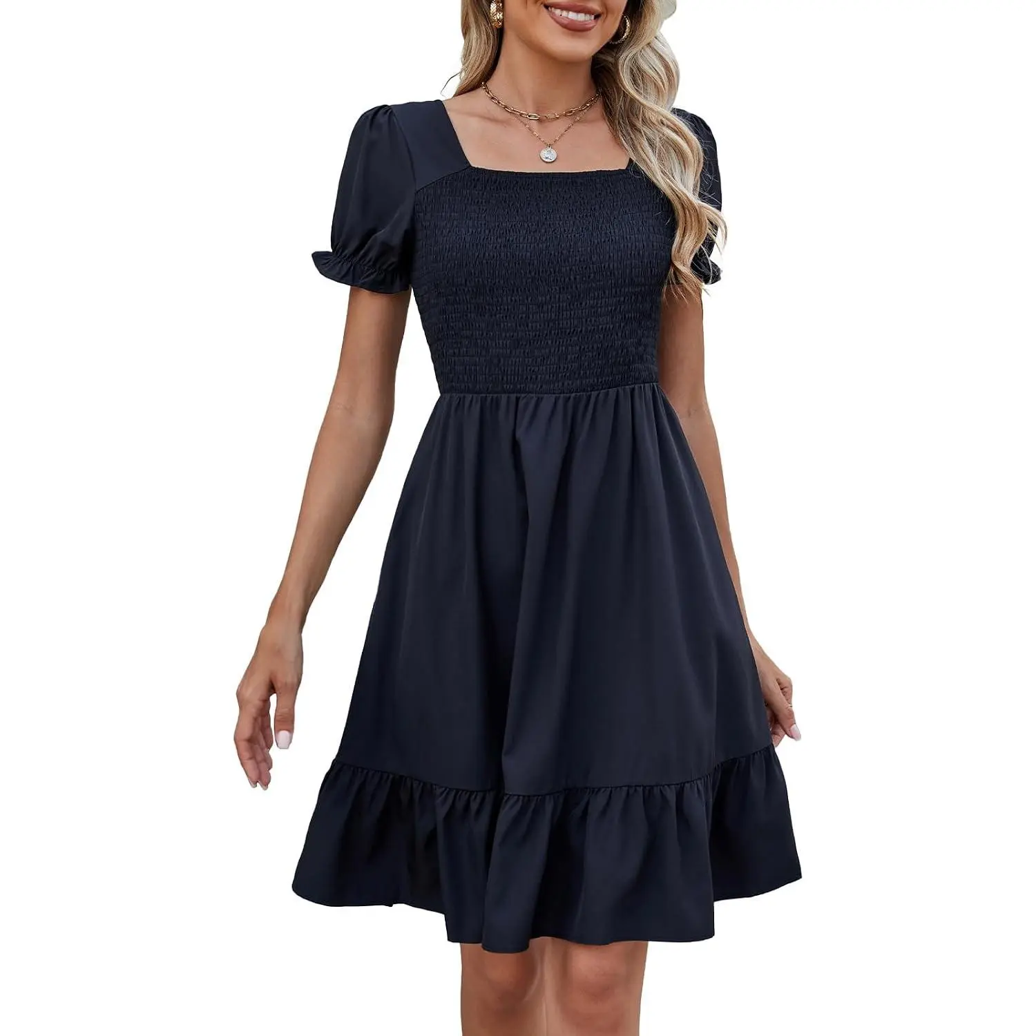 Women's Short Sleeve Summer Dresses 2026 Spring Casual Square Neck Easter Dress A-Line Tiered Sundress with Pockets