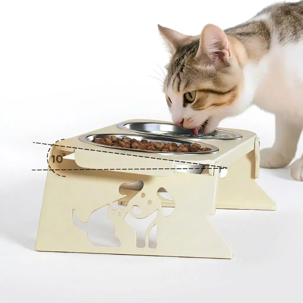 Elevated Foldable Cat and Dog Bowl Stand with Tilted Design & Stainless Steel Bowls, Non-Slip Anti-Spill Base for Small to Medium Pets
