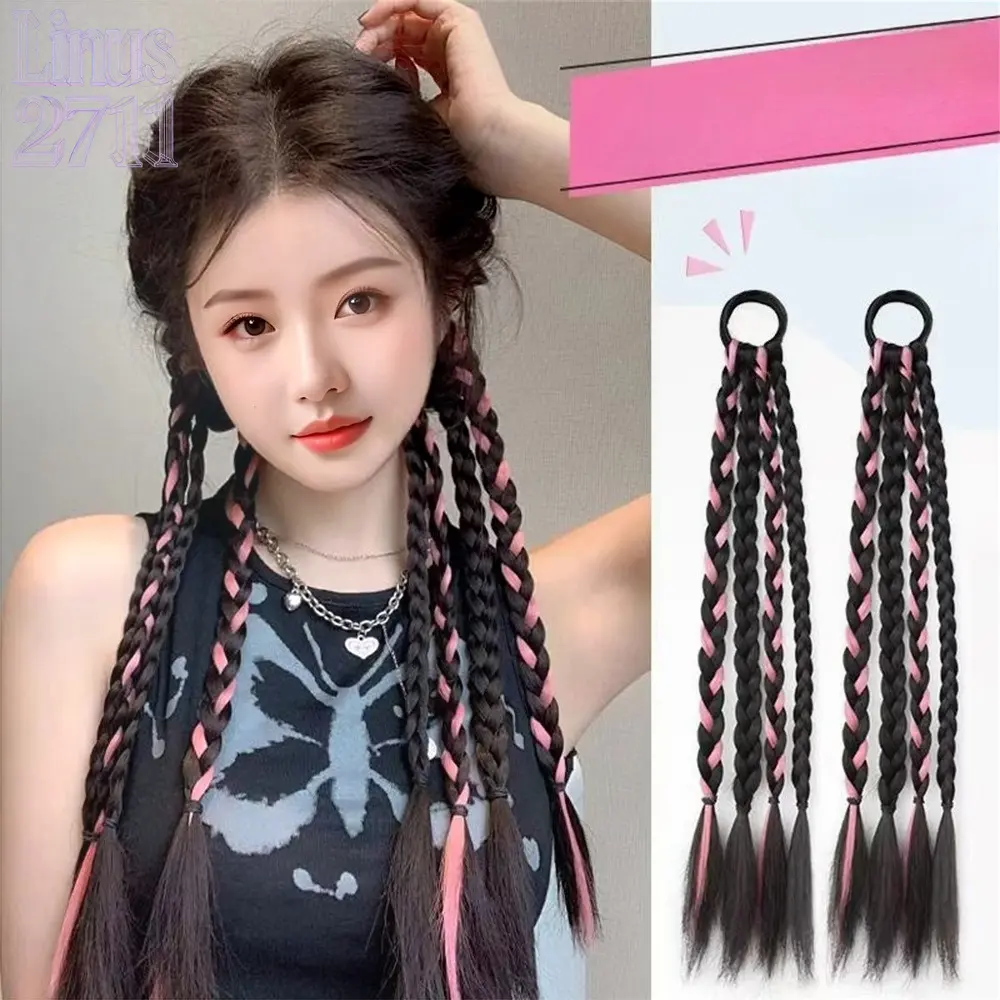 2Pcs Pink Black Color Streak Braided Ponytail Fake Hair Pre-braided Elastic Boxing Twist Braid Y2K Sweet Cool Women Festival Daily Fashion Hair Accessory