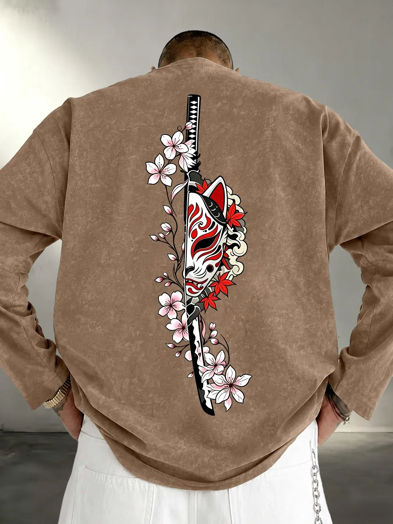 Vintage Washed Long Sleeve Tee, Japanese Kitsune Mask Katana Sakura Graphic Top, Y2K Retro Distressed Crewneck Shirt, Oversized Streetwear Hip Hop Casual Longsleeve #Y2KStreetwear #KitsuneMask #SakuraGraphicTee #VintageWashedTee #KatanaPrint