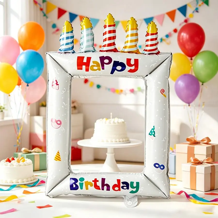 1pc/Set White Candle Birthday Photo Frame Balloon, Suitable for Birthday Party Decorations, Coming-of-Age Ceremonies, First Birthday Celebrations, Anniversary Decorations, and Photo Props. Birthday Decorative Balloon