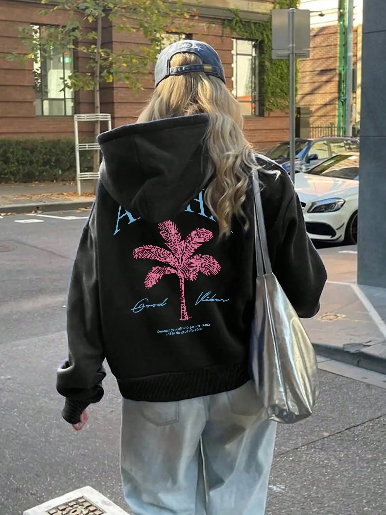 Vintage Hawaiian Palm Tree Print Hoodie, Resort Style Y2K Crop Top, Loose Fit Slimming Lazy Casual Pullover, Daily