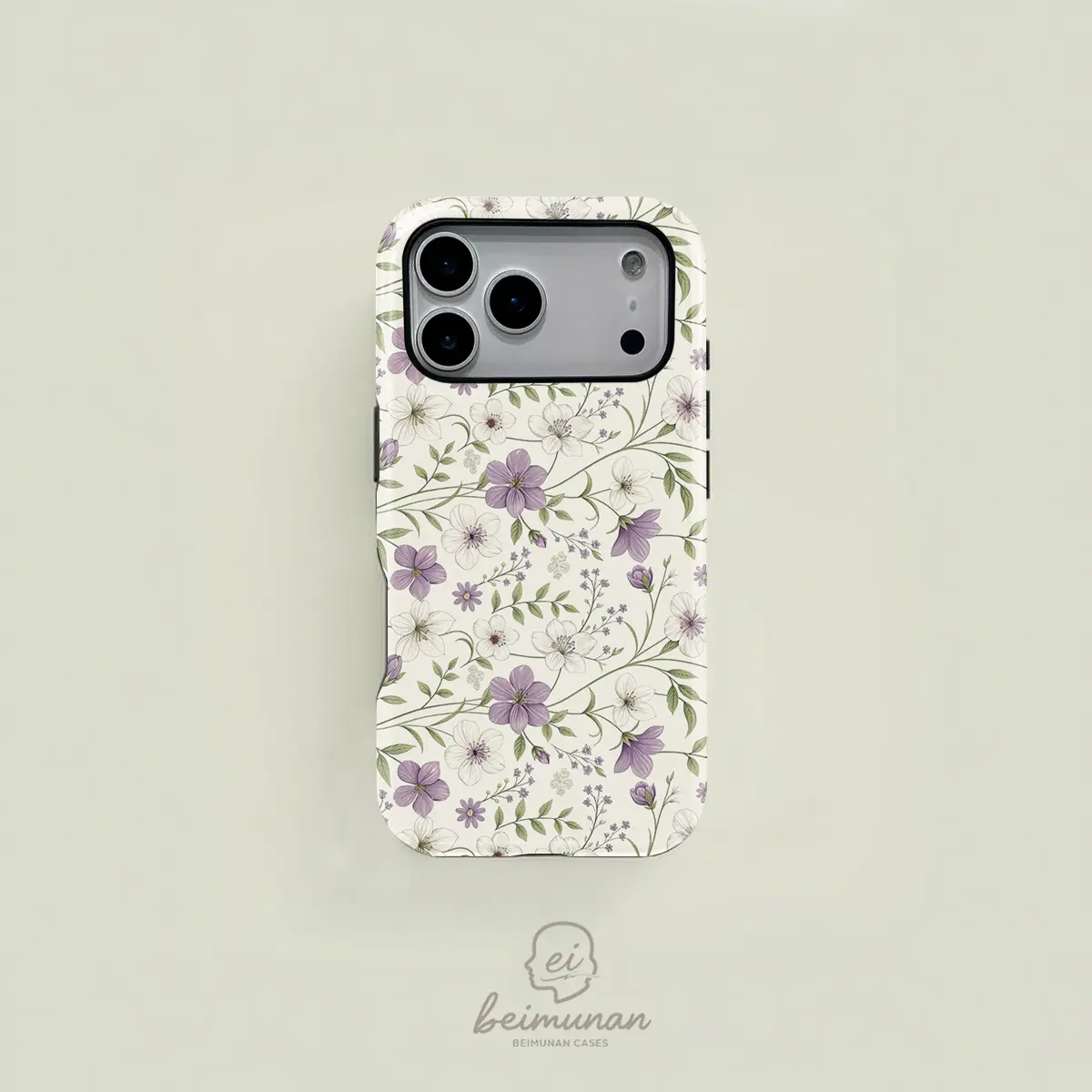 This retro-style 2-in-1 phone case features a purple and white floral and leaf pattern, making it a durable and stylish choice. It's MagSafe compatible and works with iPhone 17/16/15/14/13/12/11 Pro Max/Plus/Pro. A perfect birthday gift.