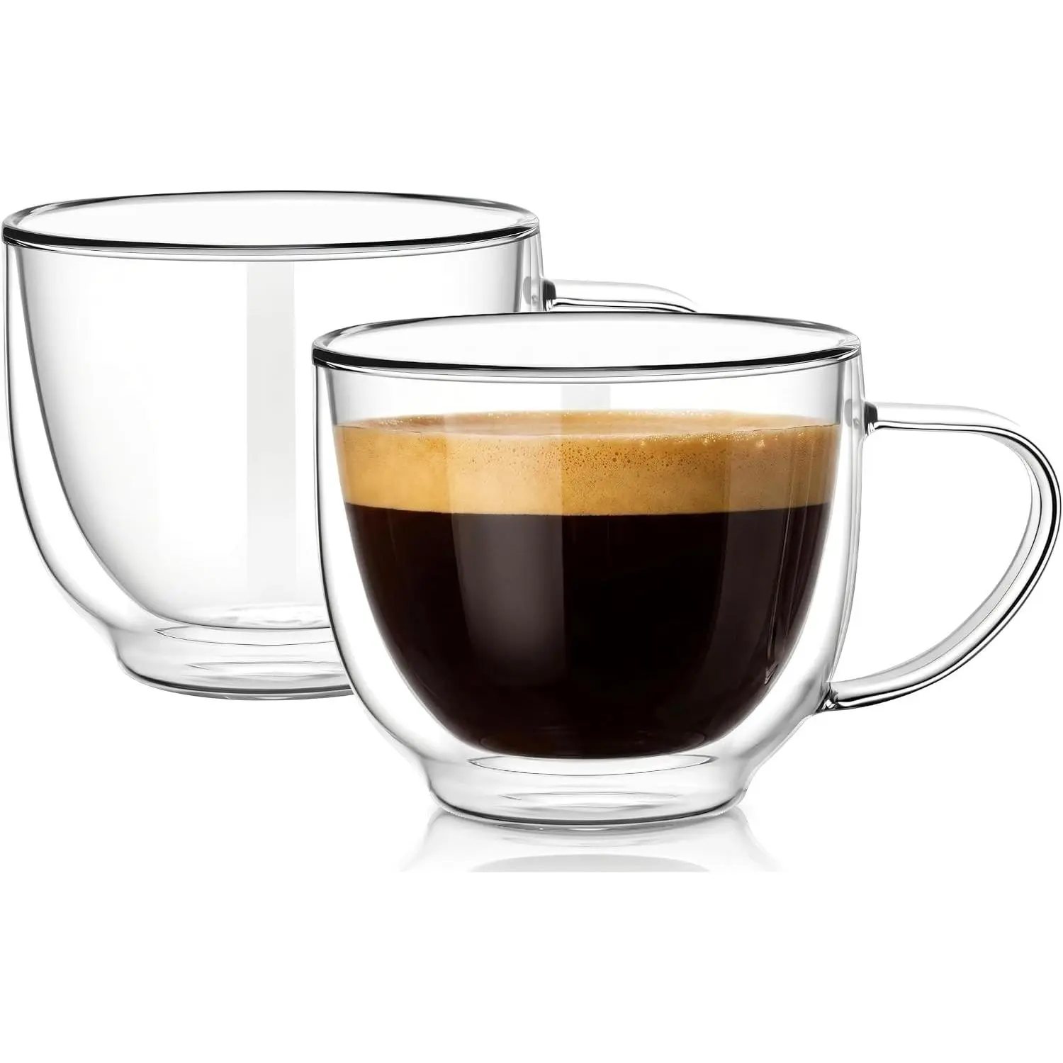 Double Wall Insulated Glass Coffee Mugs with Handle, 7.4 oz (220ml) Clear Borosilicate Glass Espresso Cups, Microwave Safe, Ideal for Cappuccino, Latte, Hot Tea & Cold Drinks, Set of 2