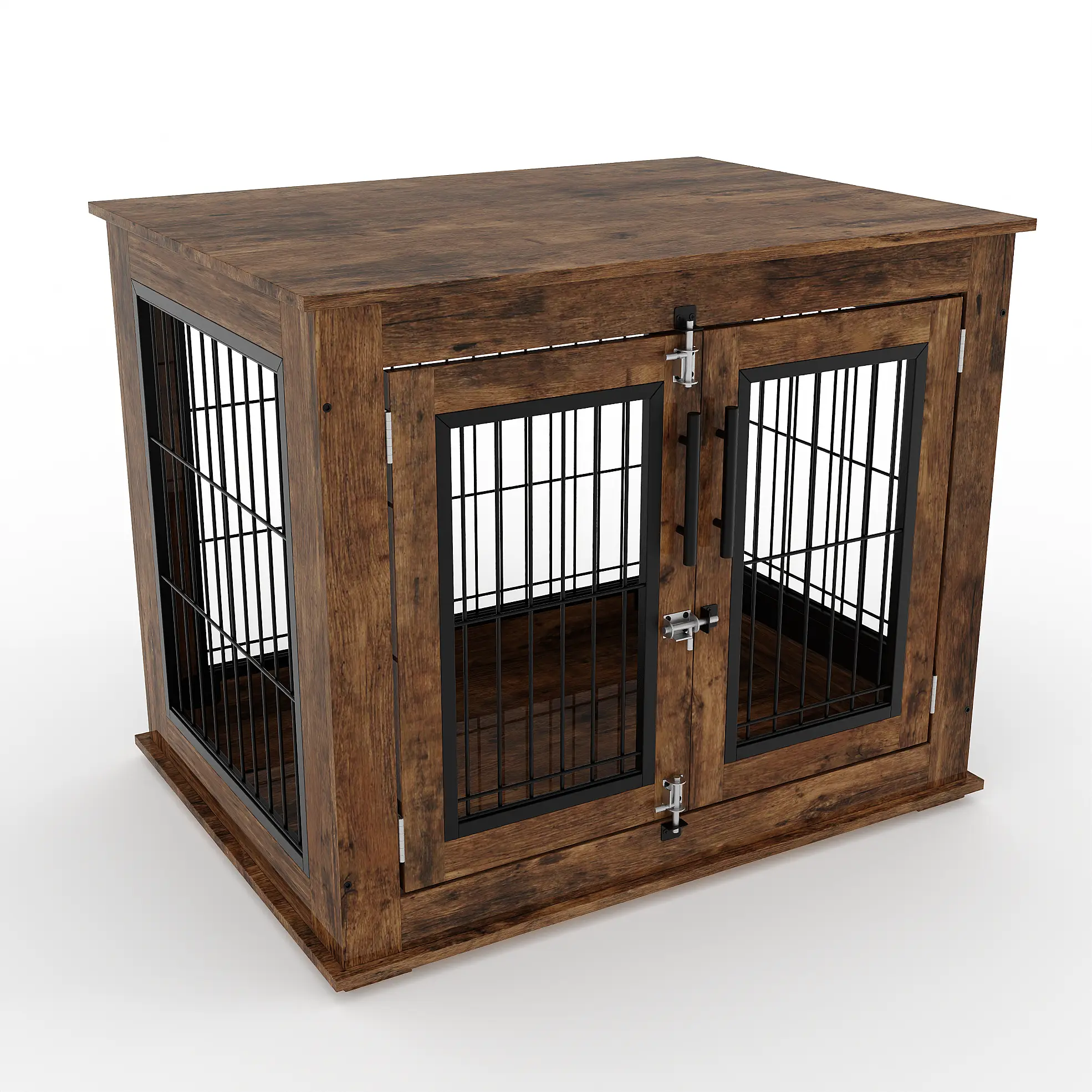 Chew-Resistant Wooden Dog Crate Furniture – Double Door Heavy Duty Steel Frame Kennel, Ventilated Indoor End Table for Small to Medium Dogs, Rustic Brown, Secure Design
