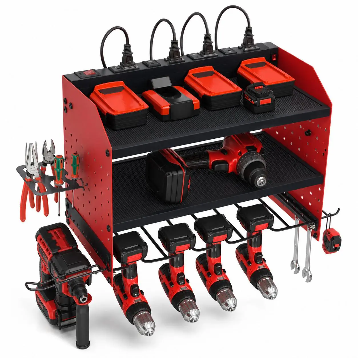 400lbs Heavy Duty 4-Tier Wall Mounted Power Tool Organizer Rack – 8 Drill Slots, Screwdriver Holders, Metal Garage & Workshop Storage Shelf for Power and Hand Tools, Charging Station