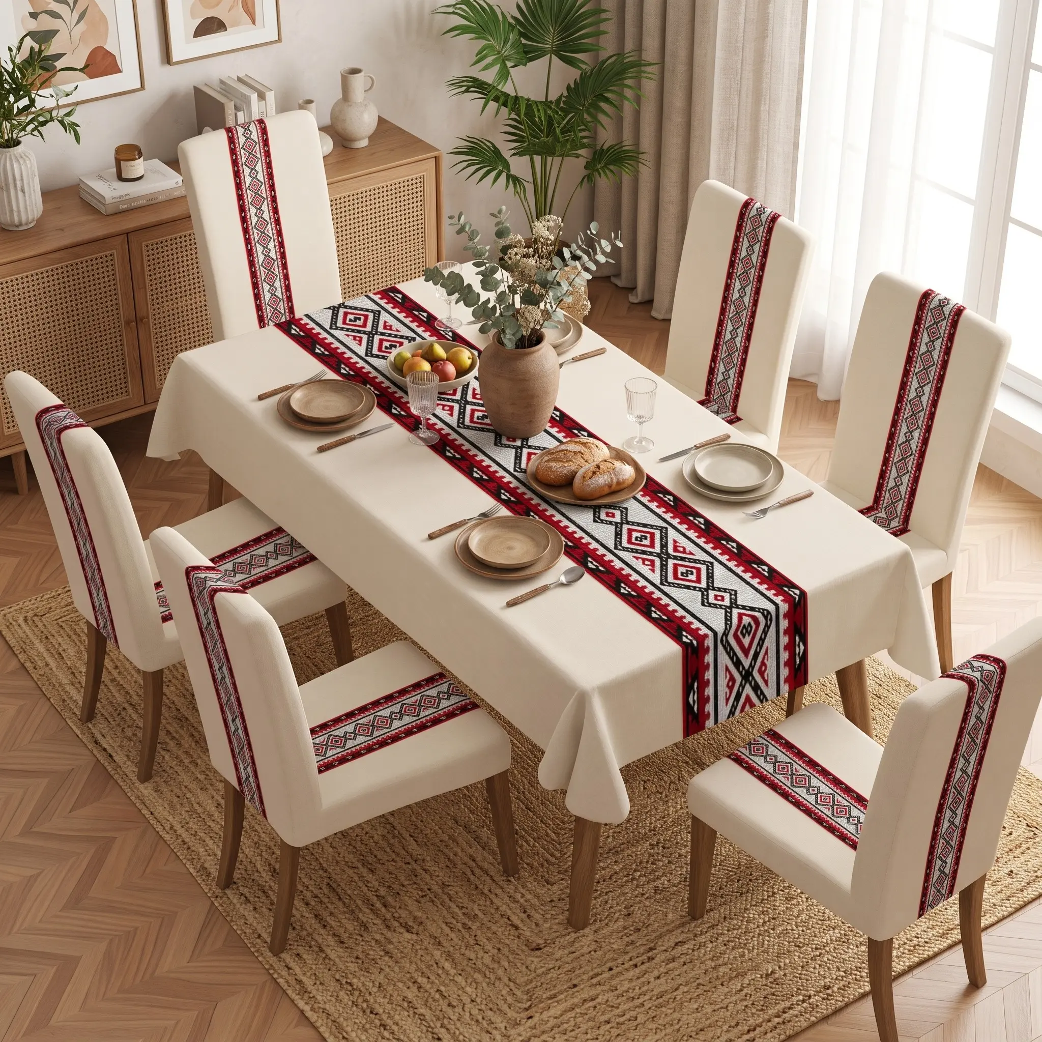 5pcs/7pcs Ivory Tablecloth and Chair Cover Set, Geometric Diamond Stripe Print, Boho Farmhouse Decor, Holiday Parties, Weddings, Home Styling