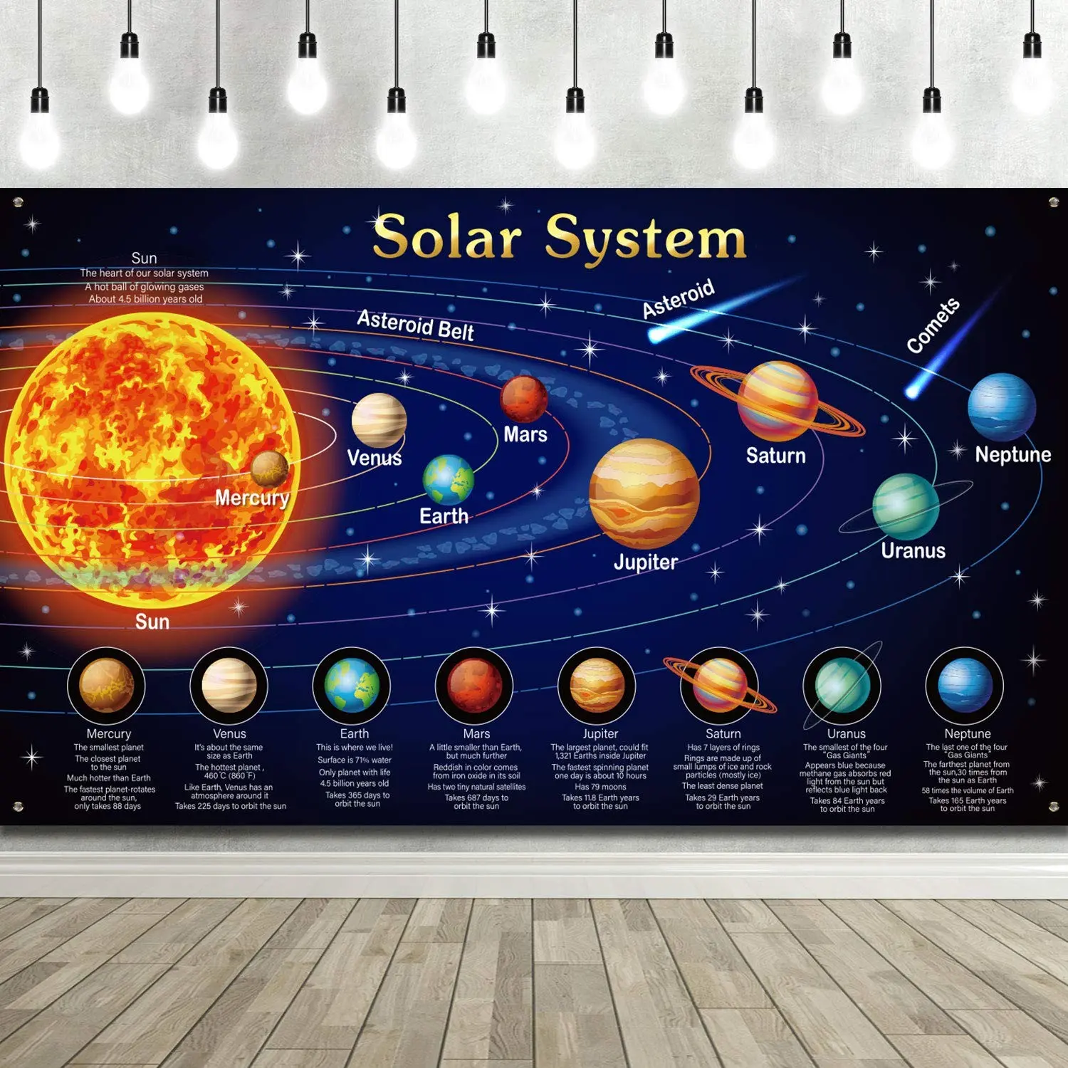 Blue Solar System Poster, Large Space Birthday Party Decor, Galaxy Wall Hanging, Planet Background, Classroom Gift, Educational Supplies