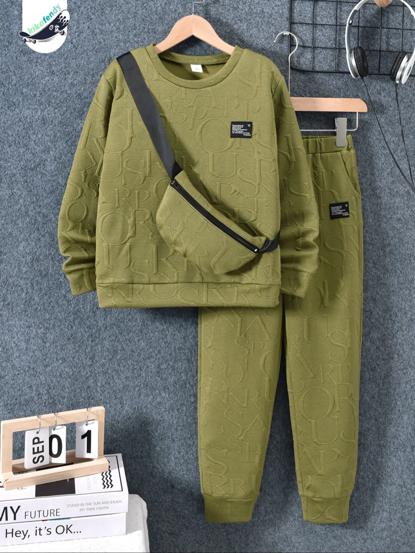 Boys' Fall Winter Casual Sporty Style Sweatshirt Set, Sportswear Set, Athletic Clothing Set, Textured Letter Print Round Neck Long Sleeve Top + Pants + Bag, Colors
