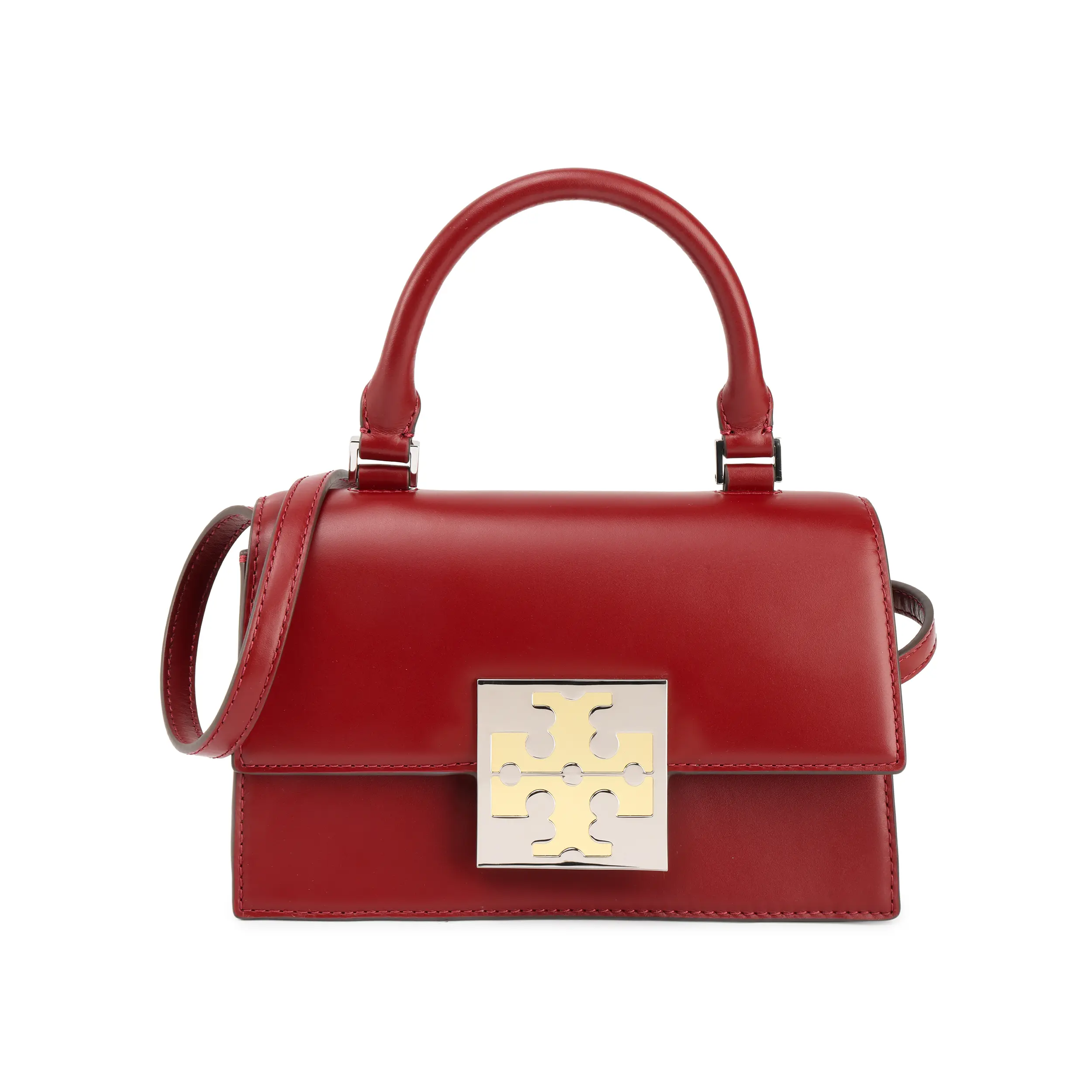 Tory Burch Bon Bon Calfskin Crossbody Bag for Women – Magnetic Snap Closure, Adjustable Detachable Strap, Mini Shoulder Handbag in Brick Red