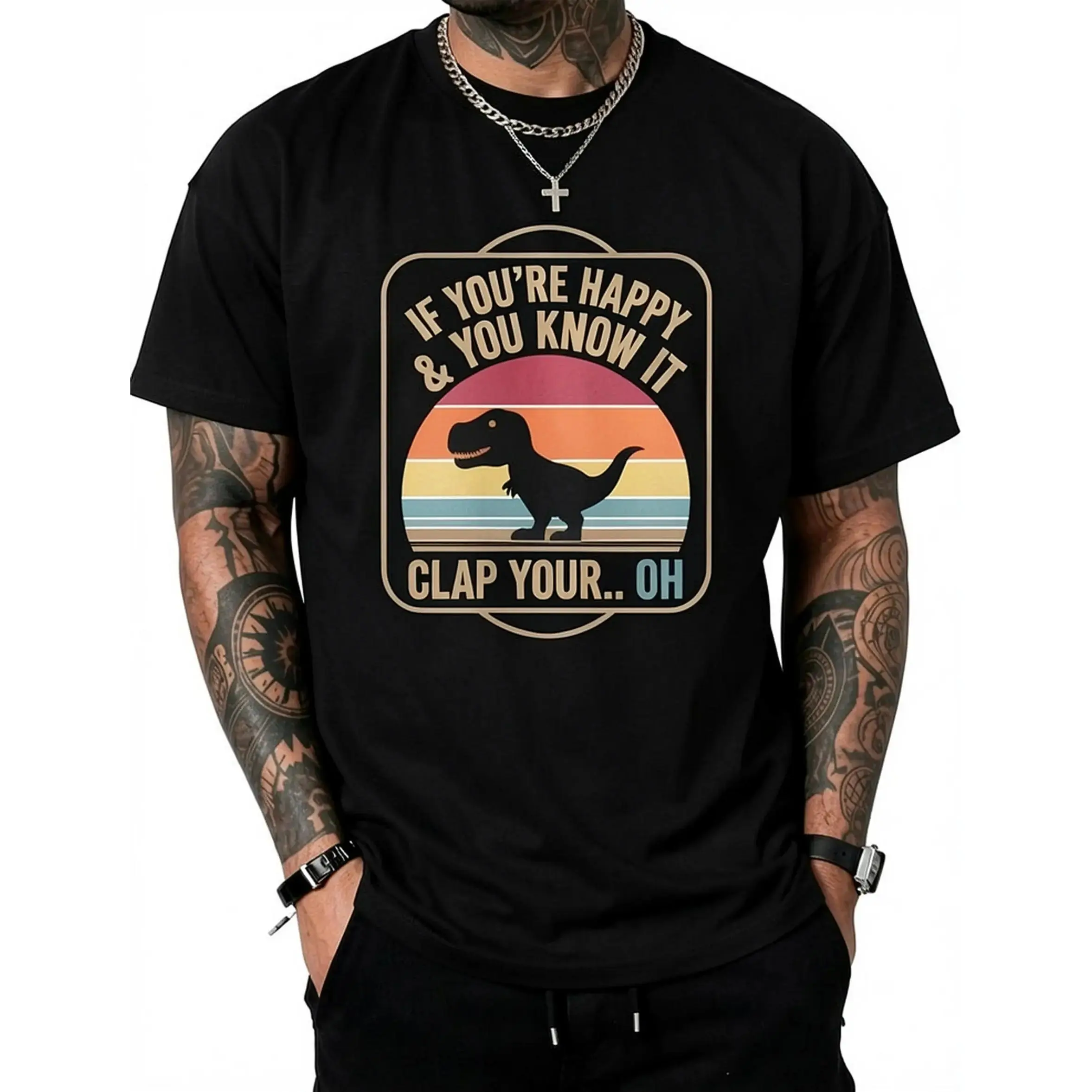 Unisex Adult Vintage Vibe Dinosaur T-Rex Round Neck Short Sleeve Classic Fit Black Sports Top - Multi-Size Gift for Men/Women (Sunshine-Capturing Casual Outdoor Wear)