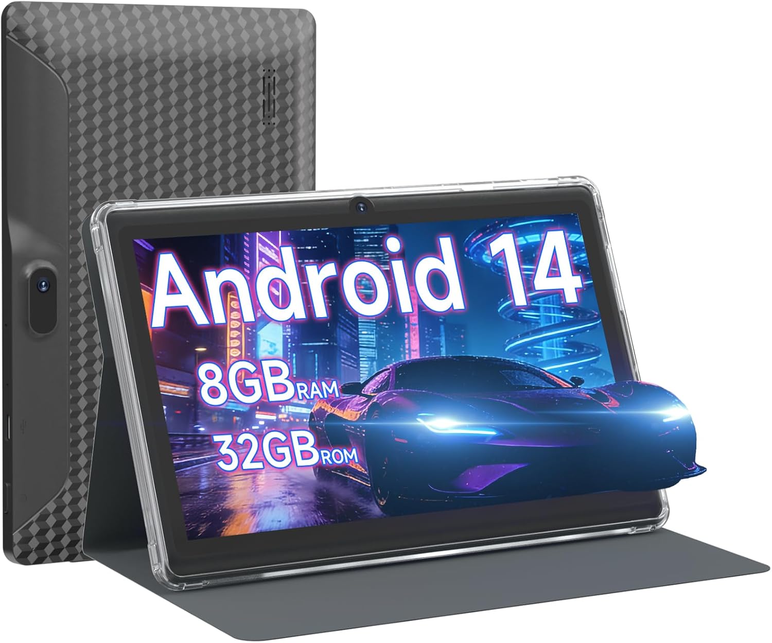 7 inch Tablet Android 14 with Case 8GB RAM 32GB ROM 1TB Expand Quad-Core Processor IPS Screen Dual Camera 3000mAh Battery Bluetooth