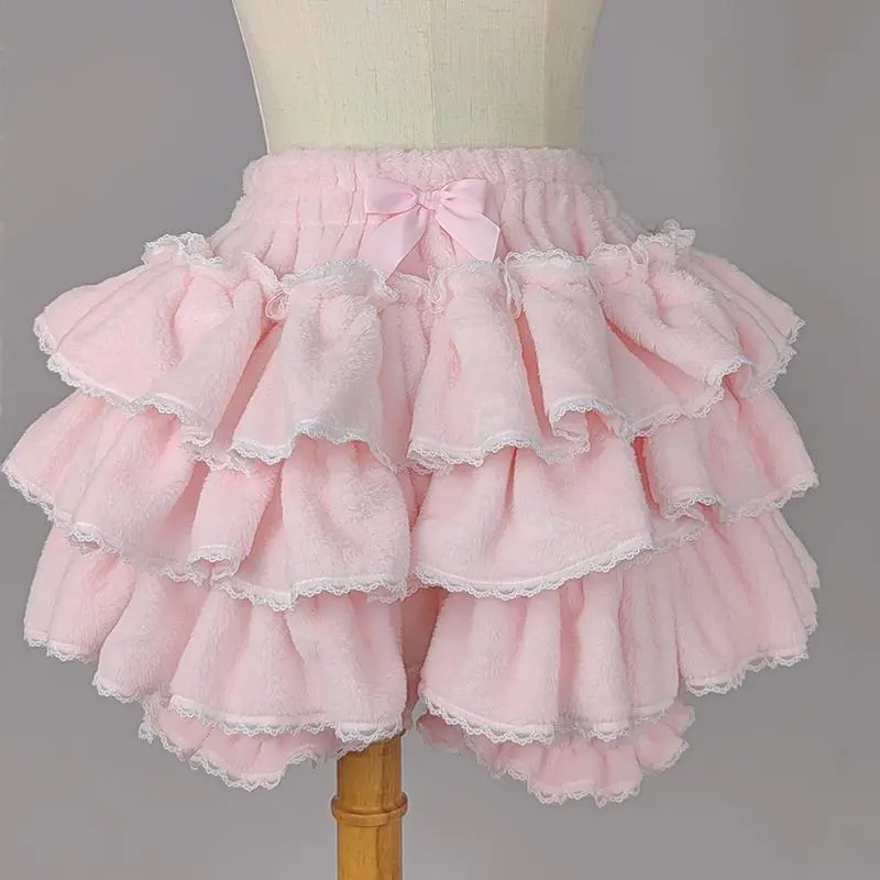 Pink Layered Ruffle Pumpkin Pants Y2k Sweet Lolita Bloomers Shorts Autumn Winter JK Plush Shorts Japanese Lantern Shorts