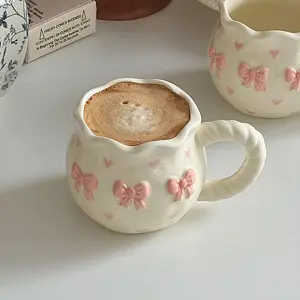 Creative Ceramic Coffee Cup with 3D Embossed Hand-Painted Bow Design, Elegant Packaging & Ribbon Gift, Perfect for Gifting