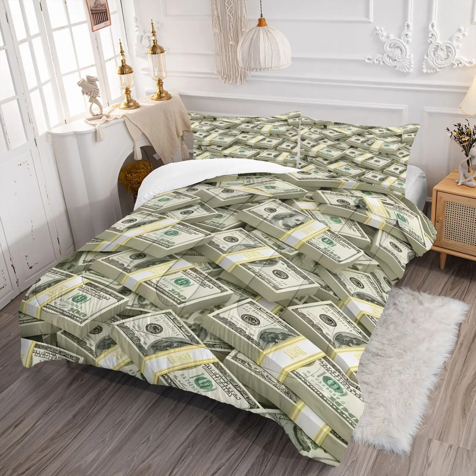 Us Dollar Bill Print Comforter Set (2 or 3 Pieces: 1 Quilt + 1 or 2 pillowcase) — "Wealth"-Themed Bedding Set; Minimalist yet Luxurious Bedroom Decor; Suitable for men and women who desire wealth and money.; a Perfect Holiday Gift.8 patterns available