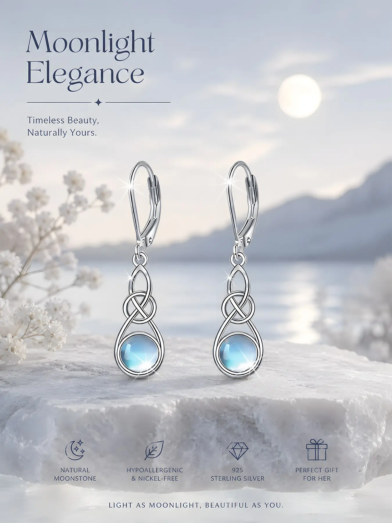 Elegant S925 Silver Celtic Knot Moonstone Earrings, Elegant Minimalist Earrings, Fashionable Dangle Drop Design, Dangling Earrings, Perfect for Daily Wear, Gift for Friends Birthday Valentine's Day